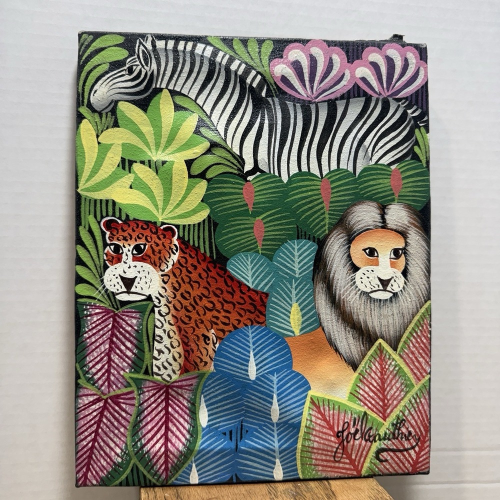 VINTAGE‎ GENUINE HAITIAN ART FAMOUS JOEL GAUTHIER "jungle" PAINTING HAITI